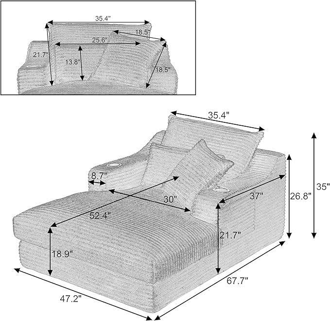 67.7 Oversized Chaise Lounge Chair Indoor Modern Corduroy Single Sleeper Couch Chair with 3 Soft Pillows＆Cup Holder Boneless Cloud Couch Single Seat Sofa for Living Room Bedroom (Black)