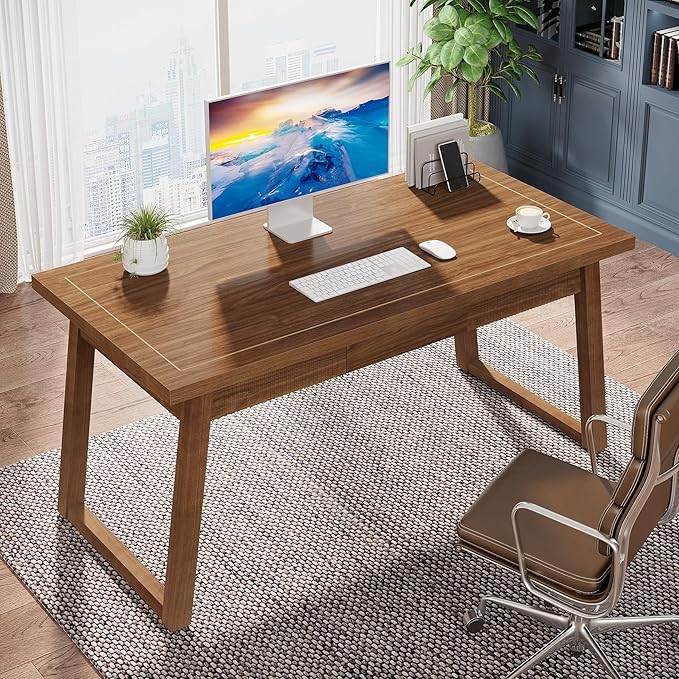 Tribesigns Home Office Executive Desk: 55 Inches Wooden Computer Desk with Drawer Mid-Century Modern Study Writing Table Rustic PC Laptop Desk Workstation Furniture Walnut Brown