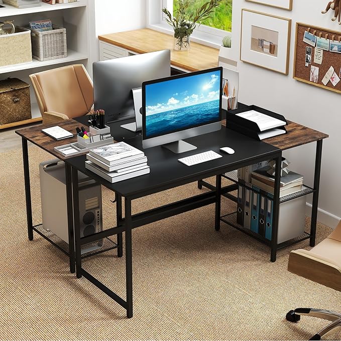 GOFLAME 59” Computer Desk Modern Simple Study Writing Desk with Built-in Power Outlet Removable Shelf &amp Side Headphone Hook Home Office Laptop PC Desk Gaming Table Workstation (Black)