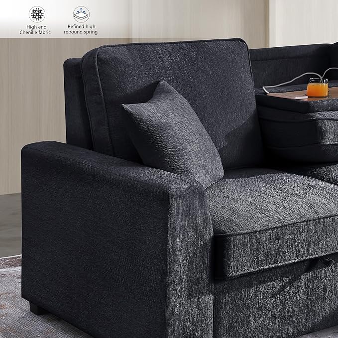 INSTORY Sectional Sleeper Sofa with Pull-Out Bed Drop-Down Table USB &ampType-C Port Cup Holders Dark Gray
