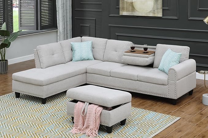 98 L Shaped Sectional Sofa with Left Facing ChaiseLinen Upholstered Corner Couch with Removable Storage Ottoman and Hidden Cup Holders for Living RoomLight Gray