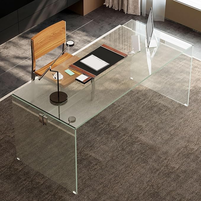 Clear Tempered Glass Writing Desk – Minimalist Modern Computer Table with Metal Joints for Home Office or Study