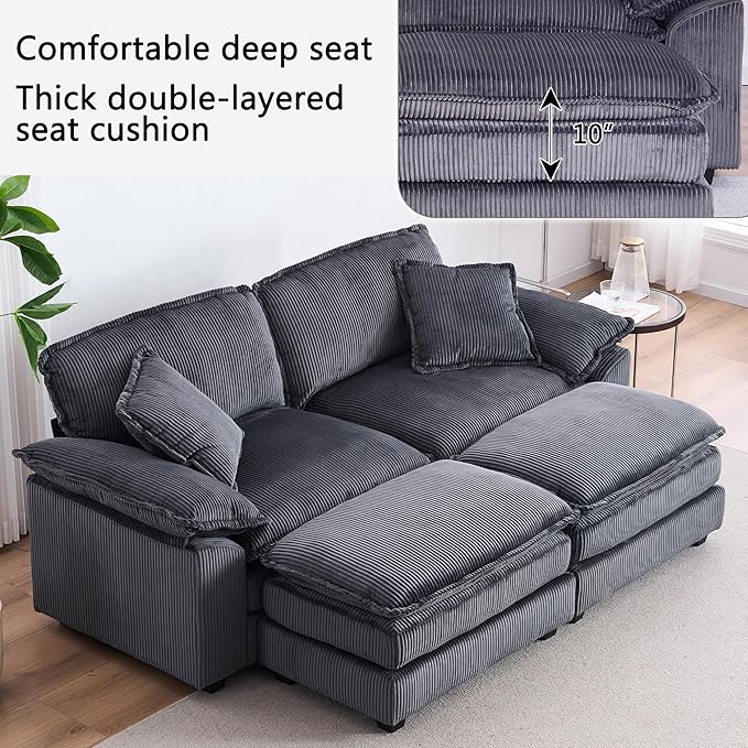 84.6” Corduroy Loveseat with Ottoman Oversized Double Chaise Lounge Chair Indoor Deep Seat Two Seater Couch Cloud Couch Modular Sectional Sofa for Living Room(Corduroy Grey)
