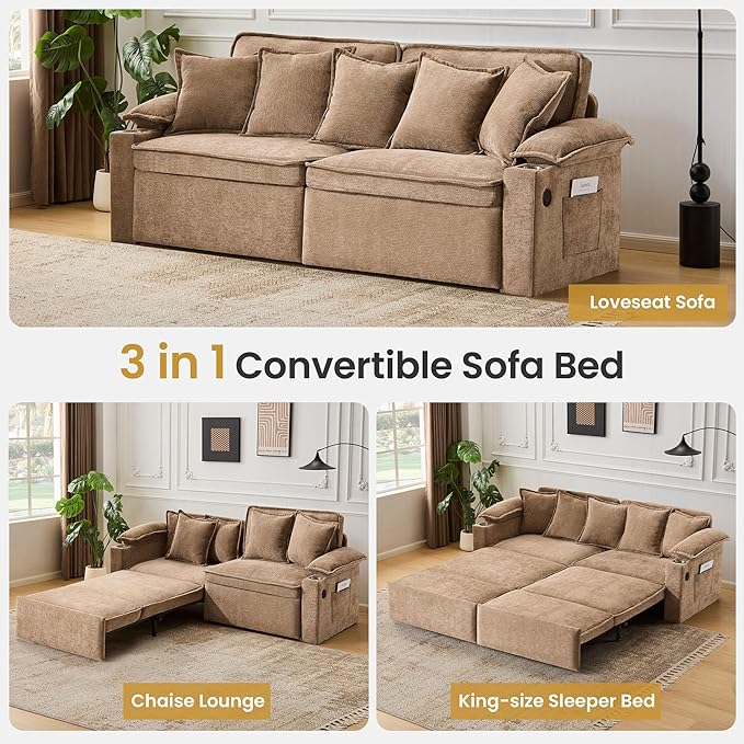 82.7’’ King Size Pull Out Sofa Bed 3 in 1 Convertible Sleeper Sofa Bed with Futon Sofa  Chenille Loveseat Couch Bed with USB Ports and Storage Pockets for Living RoomBedroom Pet-Friendly (Khaki)