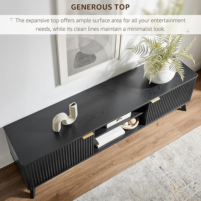 OKD 70 Mid Century Modern Fluted TV Stand Entertainment Center Sideboard Media Console for Living Room with 2 Soft Close Door/Adjustable Shelves (Black Oak)
