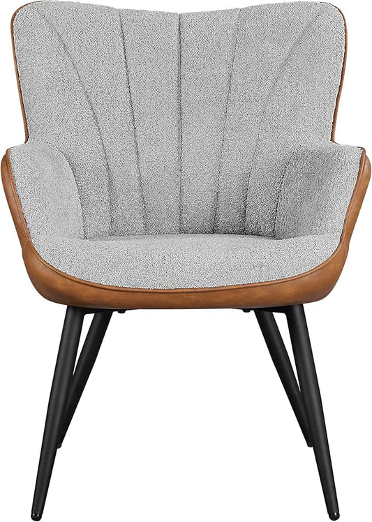 Topeakmart Modern Accent Chair Faux Leather Armchair with Boucle Fabric High Back and Mental Legs for Living Room Bedroom Gray/Retro Brown