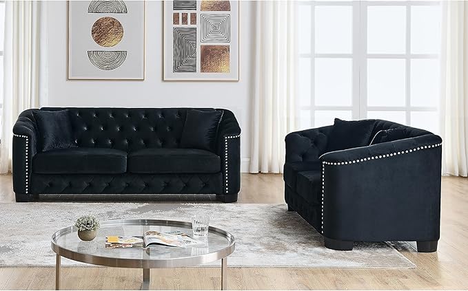 2 Piece Modern Chesterfield Velvet 77 3-Seater+59 Loveseat Sofa Set Upholstered Tufted Backrests with Nailhead Arms and 4 Cushions for Living Room Bedroom ApartmentBlack