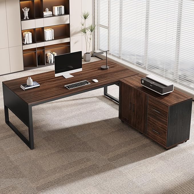 Tribesigns 63-Inch L-Shaped Desk Modern Executive Desk with Mobile File Cabinet Large Office Desk with Door Storage Cabinet and Drawer Business Furniture for Home Office Dark Walnut &amp Black