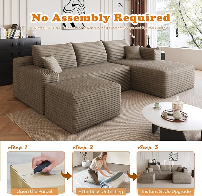 94 Corduroy Upholstered Boneless Couches with Chaise/Ottoman U Shape Modular Sectional Sofa with Deep Seat Cloud Sectional Fluffy Couches for Living Room No Assembly Required (Camel) | Removable O