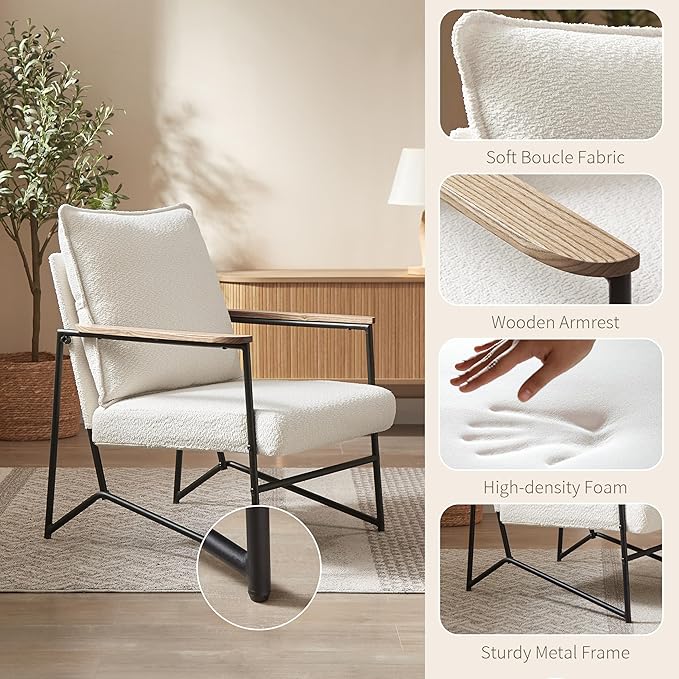 Art Leon Accent Chairs Set of 2 - Modern Boucle Fabric Armchairs with Wooden Armrests Upholstered Lounge Chairs with Metal Legs for Living Room Bedroom Reception Room White