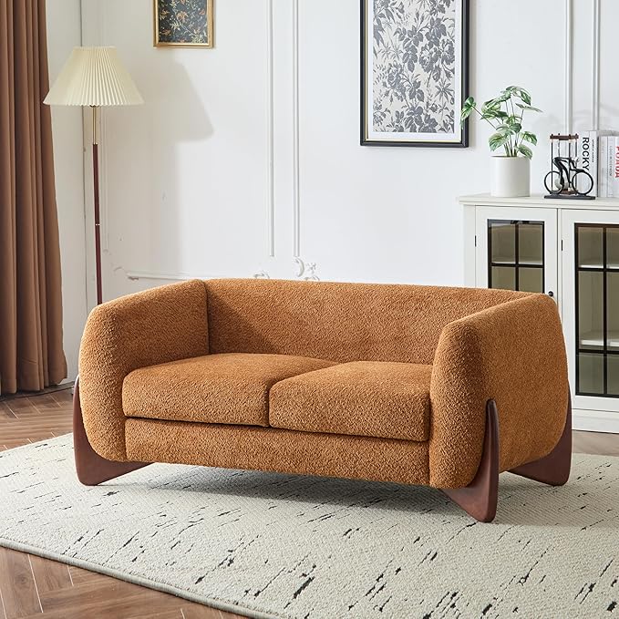 Christopher Knight Home Alma 63 Boucle Loveseat with Wood Legs 2 Seater Sofa Couches for Living Room Upholstered Couch Chair Soft Seating Lounge Sofa Chair Cozy Loveseat with Armrest Caramel