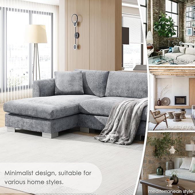 roomfitters 96 * 56 Modern Cloud Sectional Sofa L-Shaped Luxury Couch Set with 2 Pillows 4-Seat Indoor Furniture with Oversized Chaise for Living Room Gray