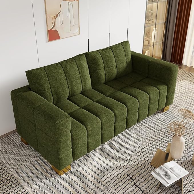 81.89 Sofa Comfy 3 Seat Sofa Tufted Chenille Upholstered Sofa Couch for Living Room with Gold Metal Legs and 2 Throw Pillows (Green-N)