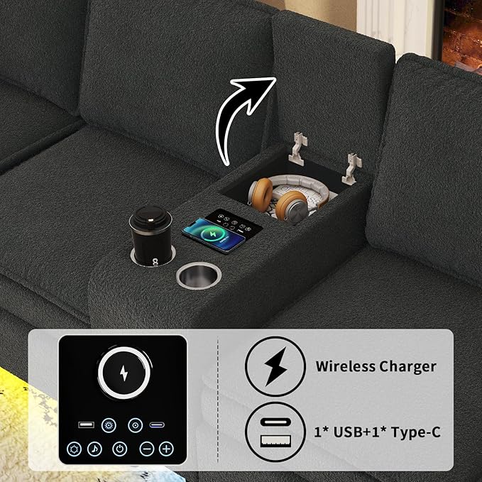 Sectional Couches for Living Room 6 Seat Sectional Sofa with Bluetooth Speaker/RGB Light/Charging Station Teddy Fleece U Shaped Couch with Storage Ottoman and Reversible Chaise Lounge - Dark Grey