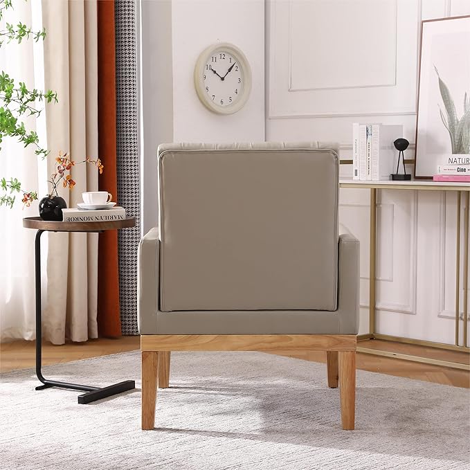 PU Leather Accent Chair Upholstered Lounge Single Sofa Armchair Comfortable Armchair with Wooden Legs in Log Color Modern Button Reading Chair for Bedroom Living Room Off-White