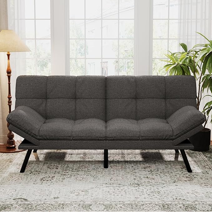 Hcore Convertible Futon Sofa BedModern Linen Futon Couch with Detachable CushionAdjustable Backrest &amp Armrest Small Splitback Loveseat Sofa Sleeper for Living RoomOfficeApartmentDark Grey