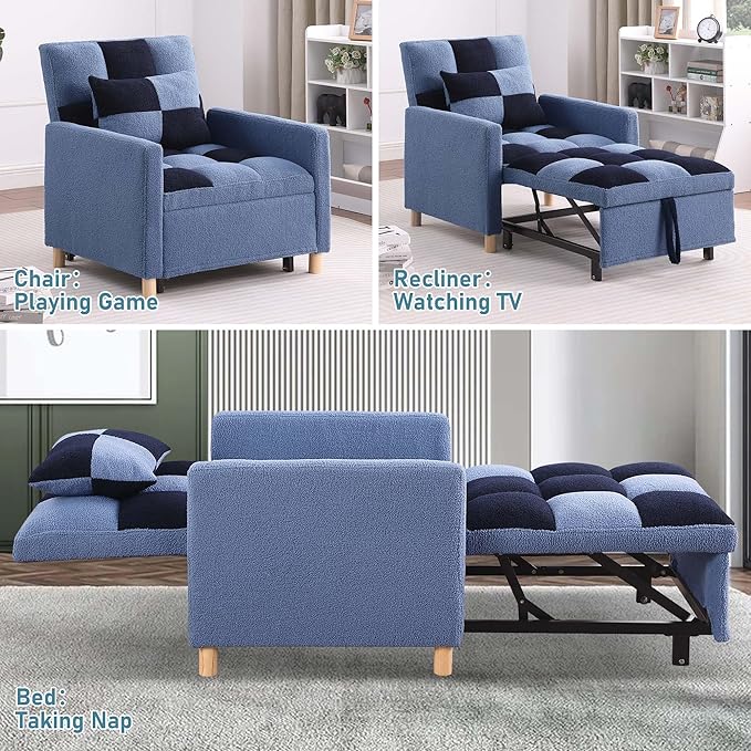 Convertible Sleeper Sofa Chair 3 in 1 Multi-Function Folding Ottoman Couch Sigle Pull-Out Bed with Adjustable Backrest and Pillow for Living Room Apartment Office Blue