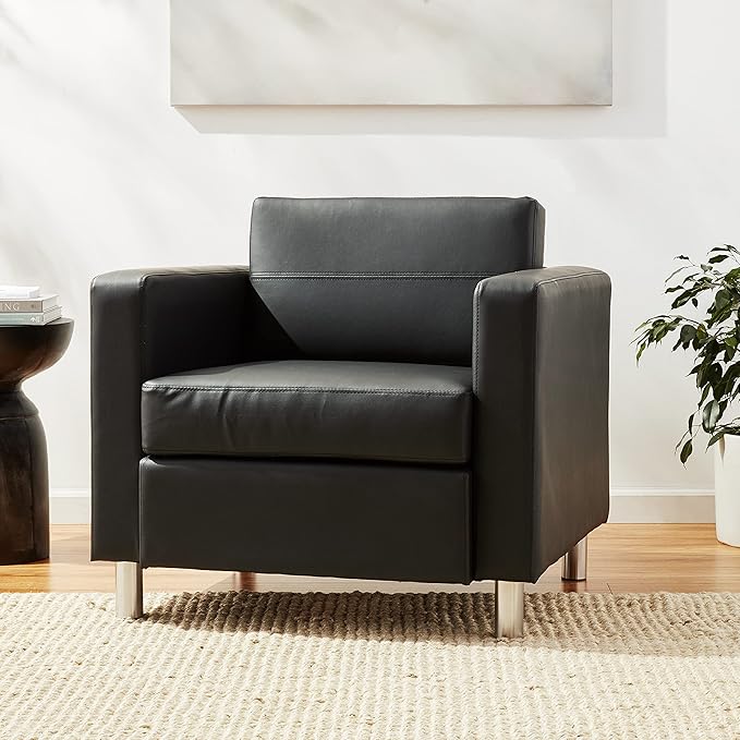 OSP Home Furnishings Pacific Armchair with Padded Box Spring Seats and Silver Finish Legs Black Vinyl