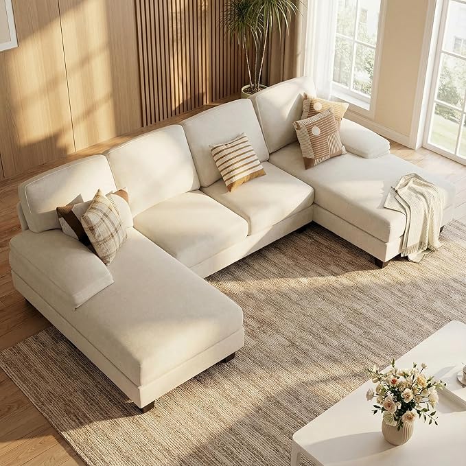 Homall Modular Sectional U Shaped Sofa Couches for Living Room Comfy Chenille 4 Seat Sofa Set with Removable Pillows Lounge Chaise Upholstered Couch for for Apartment (Chenille White)