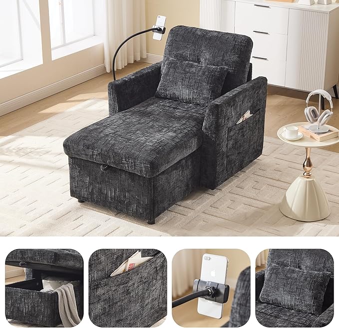 Multifunctional Recliner Sofa Chair with Storage Phone Holder &amp Adjustable Backrest Chenille Fabric Single Leisure Chair for Living Room Bedroom Small Spaces (Black)