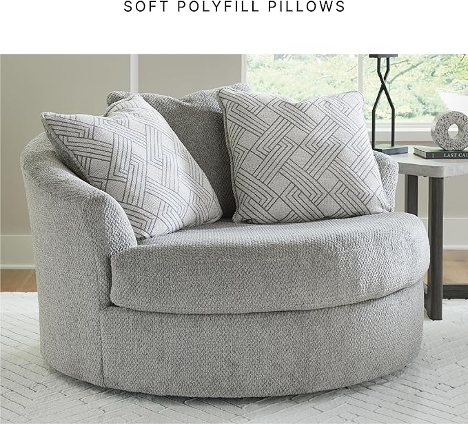 Signature Design by Ashley Casselbury Contemporary Upholstered Oversized Swivel Accent Chair with 3 Throw Pillows Light Gray