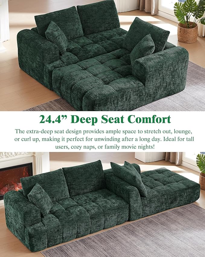 108 Boneless Cloud Modular Sectional Couch for Living Room L Shaped Sofa with Chaise | Chenille Fabric | Compressed Foam Sofa for Living Room | No Assembly (Deep Green Right Hand Facing)