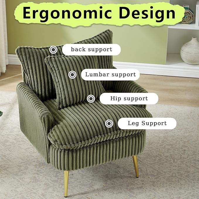 30 Green Accent Chair Corduroy Accent Armchair with Soft Pillow &amp Gold Legs Comfy Upholstered Arm Chairs for Samll Space Living Room Bedroom 300 LBS Capacity (Green)