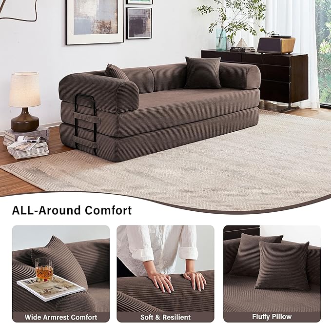 79 5-in-1 Folding Convertible Sofa Bed Oversized Corduroy Futon Floor Couch with Pull-Out Sleeper Modular Boneless Loveseat for Small Spaces Living Room Bedroom (Brown)