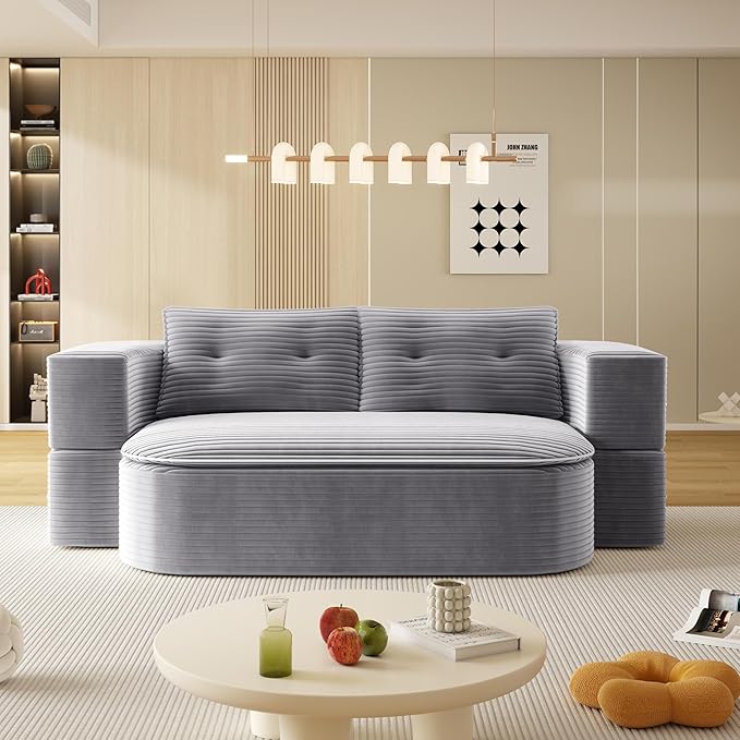 80 Convertible Folding Sofa Bed with Multi Functional BlanketKing Size Folding Mattress Sleeper Cloud Floor CouchCorduroy Boneless Sectional Couches for Living Room Bedroom (Light Grey)