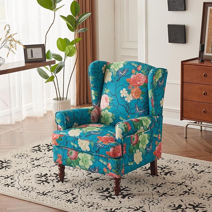 MELLCOM Floral Accent Chair High Back Upholstered Armchair with Solid Legs Leisure Single Sofa Chair for Living Room Bedroom Home Office Teal Floral