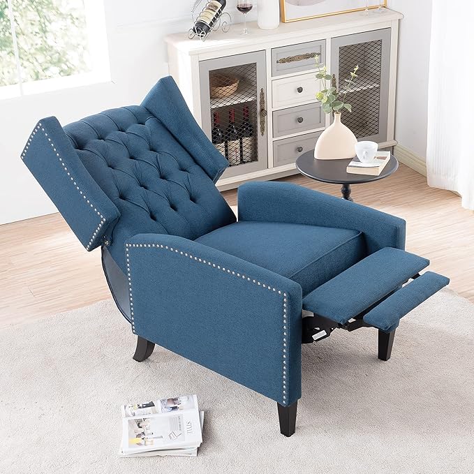 Pushback Recliner ChairComfy Wingback Recliner Sofa Chair with Adjustable BackrestTufted Fabric Accent Armchair with Vintage Rivets Trim for Living Room Office Home Theater (Blue-New)