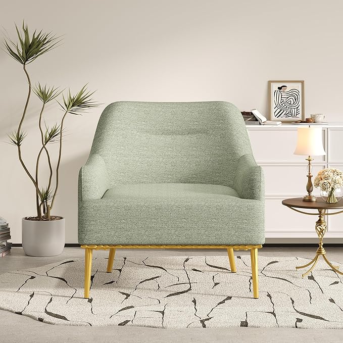 Christopher Knight Home Justin Modern Accent Chair with Metal Legs Chenille Upholstered Lounge Chair Indoor Curved Backrest Armchair Soft Cushion Seating for Living Room Reading Home Green