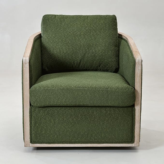 KINWELL 31 W Wood Frame Modern Boucle Swivel Barrel Armchair Mid Century Upholstered Accent Sofa Chair with Pillow Back for Living Room Lounge &amp Bedroom Green