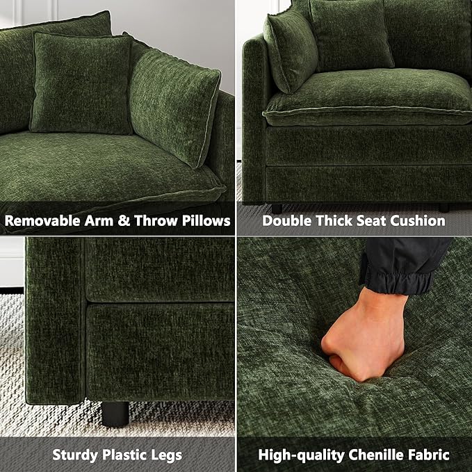 Aoowow Single Deep Seat Sofa Comfy Chenille CouchModern Upholstered Accent Armchair with Pillow for Living Room Bedroom Apartment(Green)