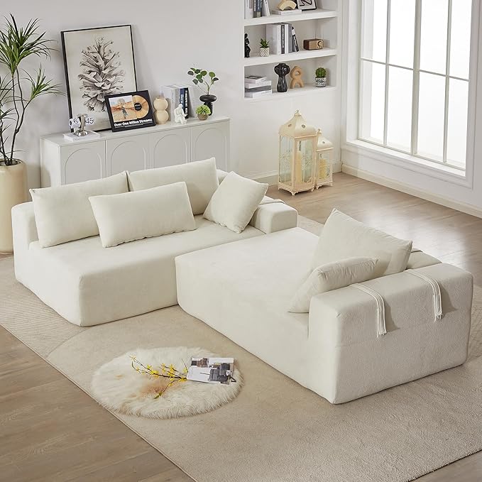 Yoglad Modern L-Shape Modular Upholstered Sofa with Versatile Configuration Comfortable Deep Seat and 6 Pillows for Living Room or Office (Face The Left Chenille Lvory Sofa)
