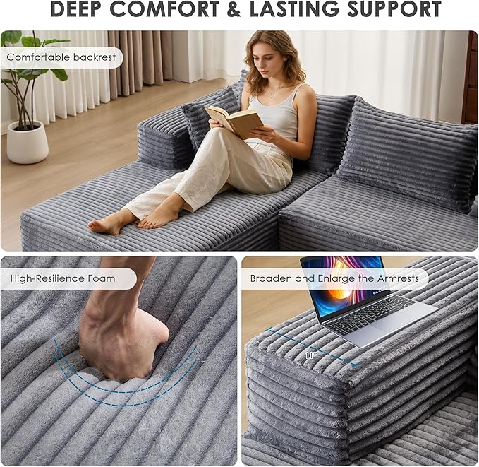 107 Cloud Couch Modular Sectional L Shaped Couch with Chaise Deep Seat Sofa Fluffy Corduroy Couches Boneless Couch for Living Room Gray Left Facing Chaise