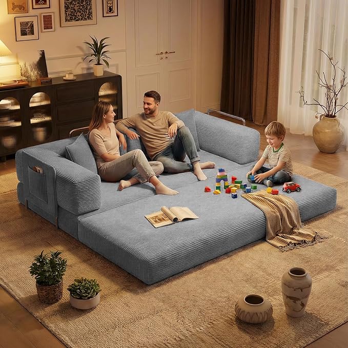 98.4'' Boneless Sleeper Sofa BedConvertible Futon Couch with Storage Pocket and 2 PillowsModular Corduroy Sofa for livingroomSmall speaceGray