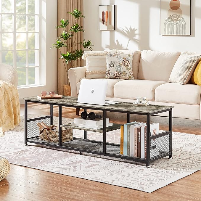 VECELO Industrial TV Stand for Televisions up to 65 Inch 55 Entertainment Center with Open Storage Shelves for Living Room/Bedroom 3 Tiers Media Console Table with Metal Frame Grey 55 Inches