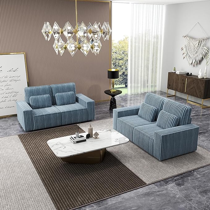 mikibama 2 Piece Sofa Couch Set for Living RoomModern Corduroy 2 Seater Loveseat Couches Set of 2 with Deep SeatModular Sectional 2PC Sofa Set for ApartmentDorm Room (Grey Blue 2PC Loveseat)