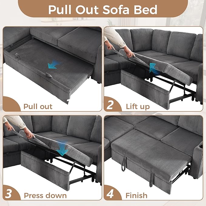 Sectional Sleeper Sofa with Pull Out Bed Plush Corduroy L Shaped Corner Couch with Storage USB Ports Cup Holders Comfy Sectional Couches for Living Room Grey | Modular Couch for Apartment Tool