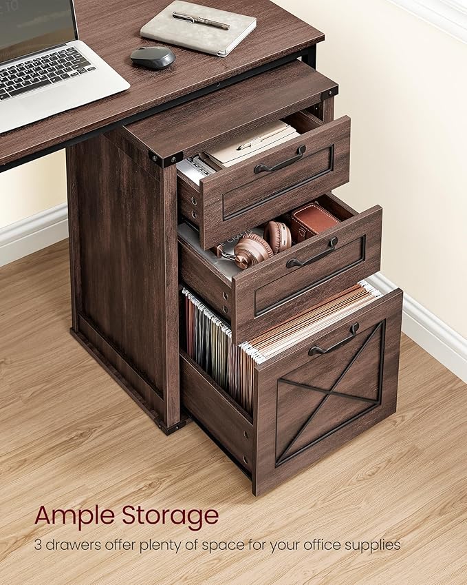 VASAGLE File Cabinet Filing Cabinet with 3 Drawers Printer Stand Fit A4 Letter Size Hanging File Folders Modern Farmhouse Style for Home Office Maroon Brown UOFC054K02