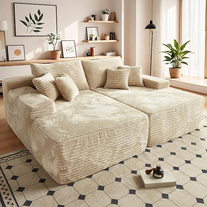 Oversized Chaise Lounge Sofa Indoor - 80 Cloud Sectional Couch Sofa BedLuxury Deep Seat Plush Corduroy Lounge Chair Sleeper Sofa for Living Room Bedroom (Beige2PCS)