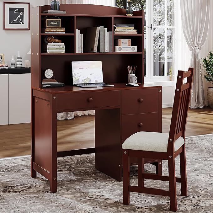 Wooden 40'' Home Office Desks with Bookshelf and Upholstered Chair Versatile Writing Desk Office Study Workstation with 4 Drawers and Storage Shelf for Office Study Room Bedrooms (Espresso-Wood)