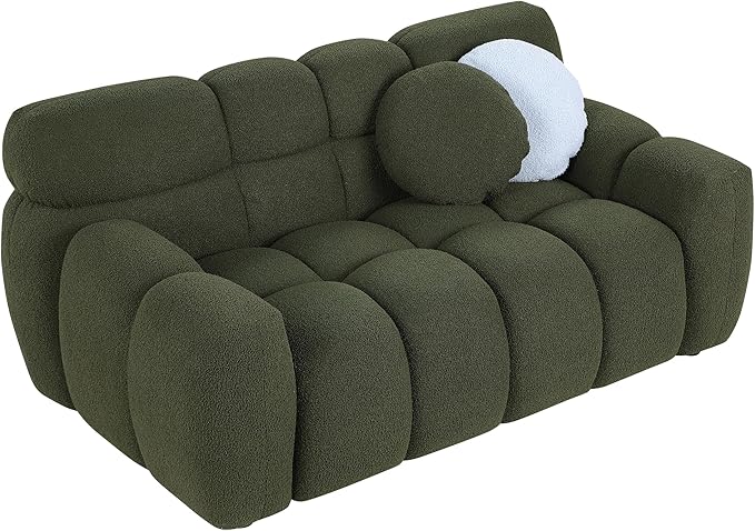65 Modern Cloud Loveseat Sofa Couch Small Boucle Tufted Love Seat Comfy Upholstered 2 Seater Bubble Curved Sofa with 2 Accent Pillows for Living Room Bedroom Apartment Office Green