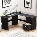 SHW 51 x 59 Inches L-Shaped Home Office Wood Corner Desk with Box Box File Drawers Black
