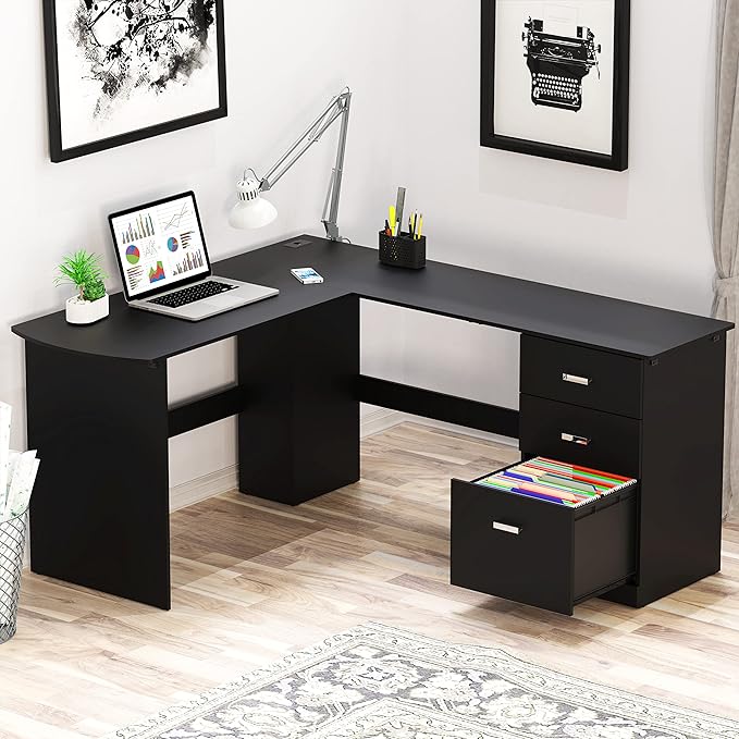 SHW 51 x 59 Inches L-Shaped Home Office Wood Corner Desk with Box Box File Drawers Black