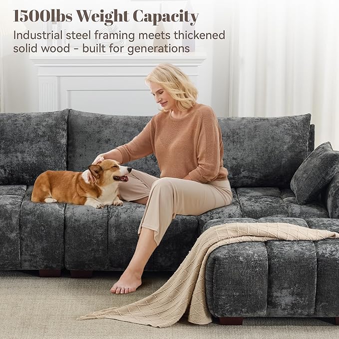 112 Mid Century Modern L Shaped Couch 3 Seater Modular Sectional Sofa with Movable Ottoman Deep Seat and Solid Wood Legs Cloud Couch for Living Room Chenille Tufted Sofa Grey