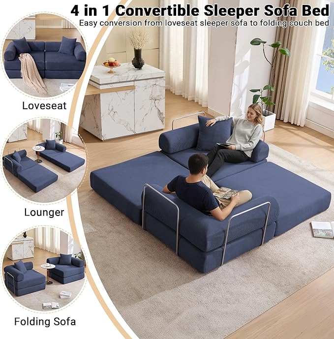 73 Convertible Sleeper Sofa Bed Corduroy Boneless Couch in a Box 4-in-1 Folding Mattress Loveseat Couch Comfy Modular Foldable Floor Sleeper Sofa with 2 Pillows and Fixed-Shape Frame (Blue 73)