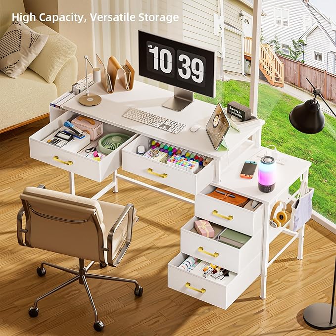 Computer Desk with Charging Station Home Office Desks with Printer Stand PC Table with 5 Fabric Drawers White Desk with Storage Vanity Desk for Small Space White