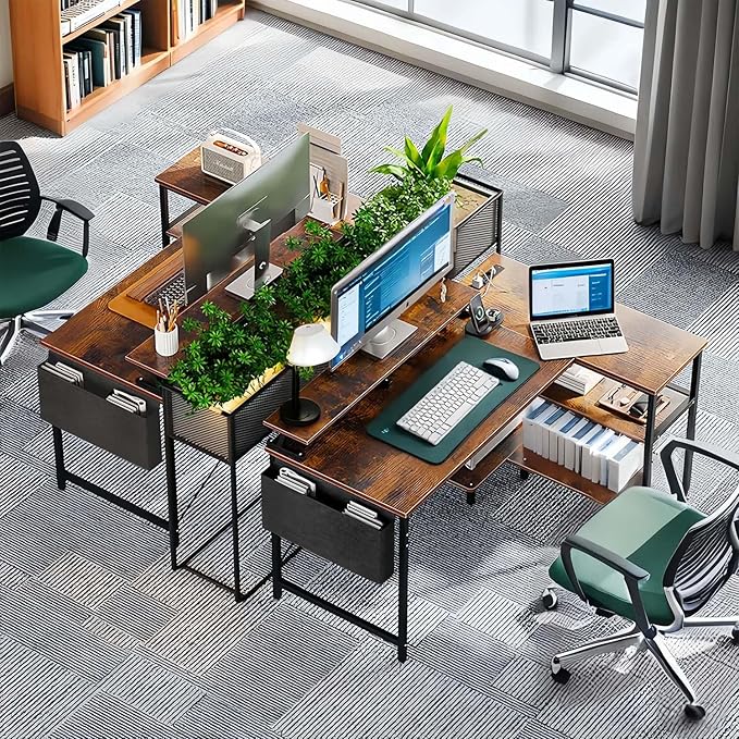 47'' Home Office Desks Corner Gaming Desks with Power Outlets Black Brown Reversible L Shaped Computer Desk with Monitor Stand Storage Shelves and Side Bag for Home Office Bedroom Small Space